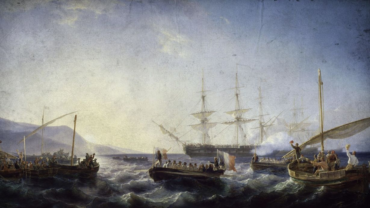 Bonaparte rentrant d’Égypte et arrivant à Fréjus le 9 octobre 1799, par Johan Hendrik Louis Meijer (m. 1866), peint en 1843, Collections du château de Versailles, domaine public.