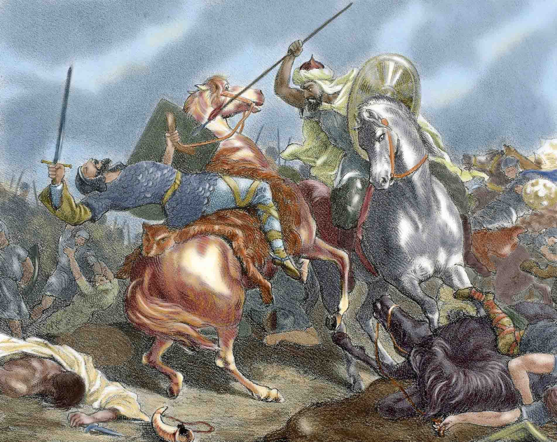 ... et cette gravure colorée du XIXe siècle illustrait le roi Rodéric se mourant au combat avec Tarek ben Ziyad. (Images Getty)    