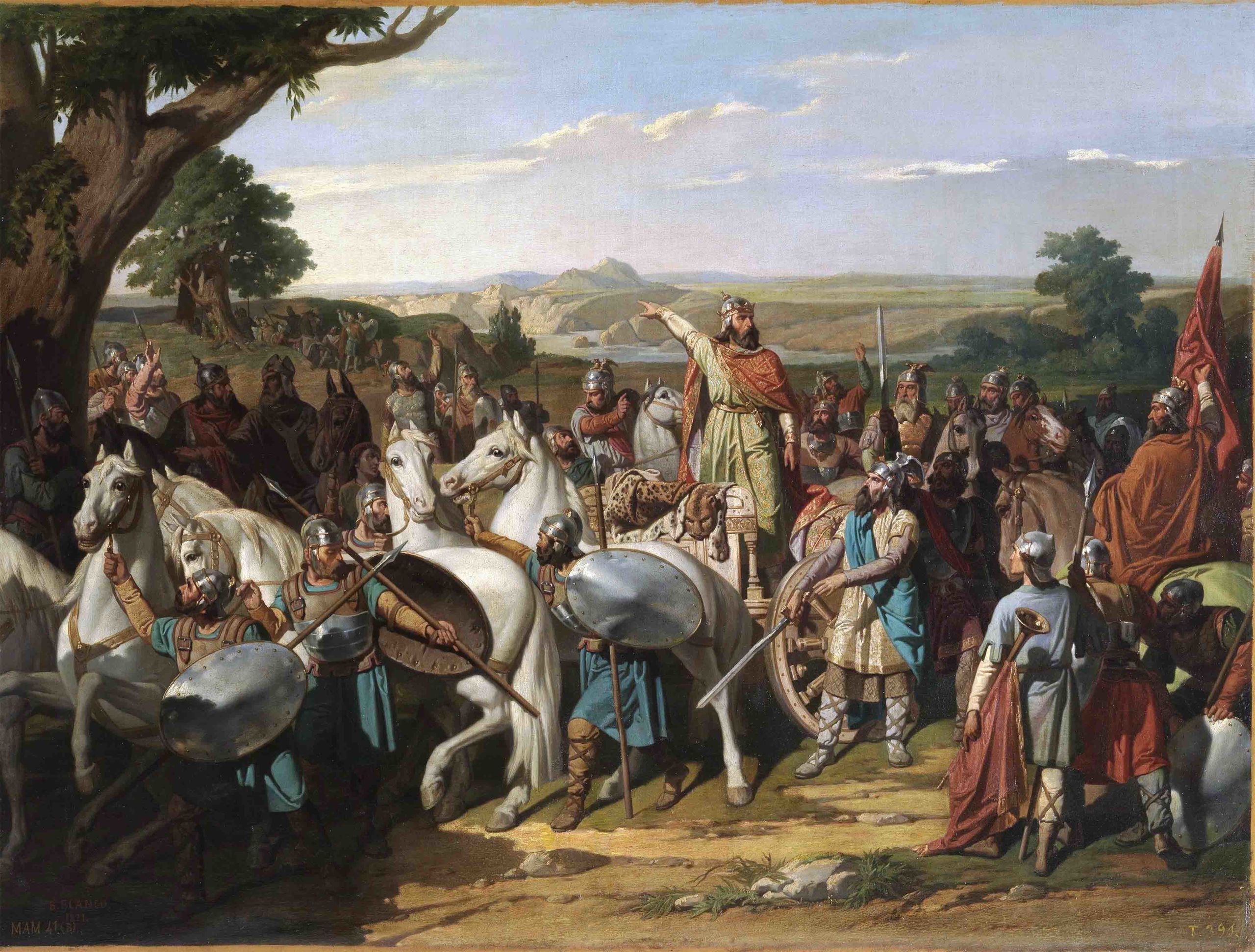 La bataille du Guadalete a captivé l'imagination de nombreux artistes du XIXe siècle. Bernardo Blanco y Perez a peint le roi Rodéric s'adressant à ses troupes avant le combat. (Alamy)  &nbsp;   