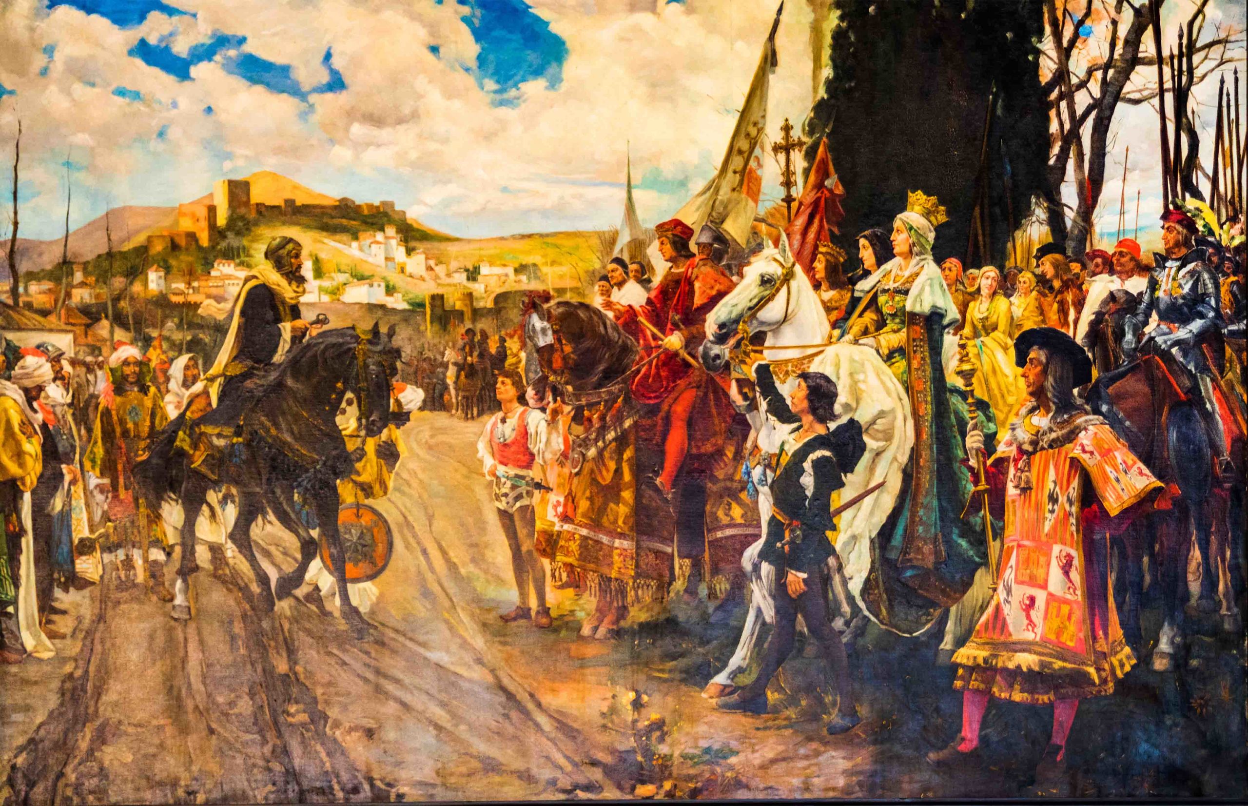 «La Capitulation de Grenade - Mohammed XII devant Ferdinand et Isabelle», une peinture de 1882 de Francisco Pradilla Ortiz qui illustre le moment de sa reddition en 1492. (Images Getty) 