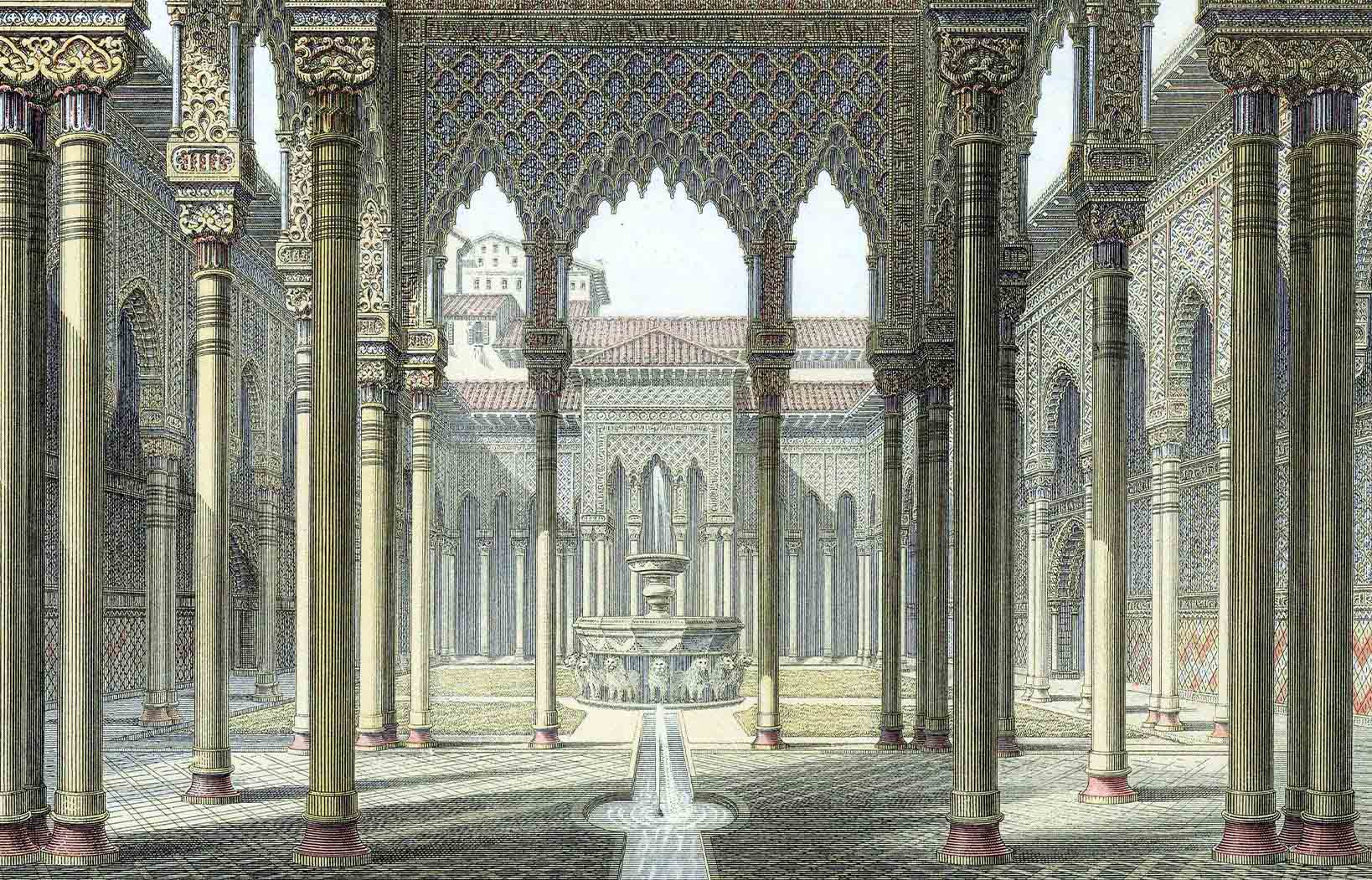 Illustration de la fin du XIXe siècle de la célèbre Cour des Lions de l'Alhambra. (Images Getty)   