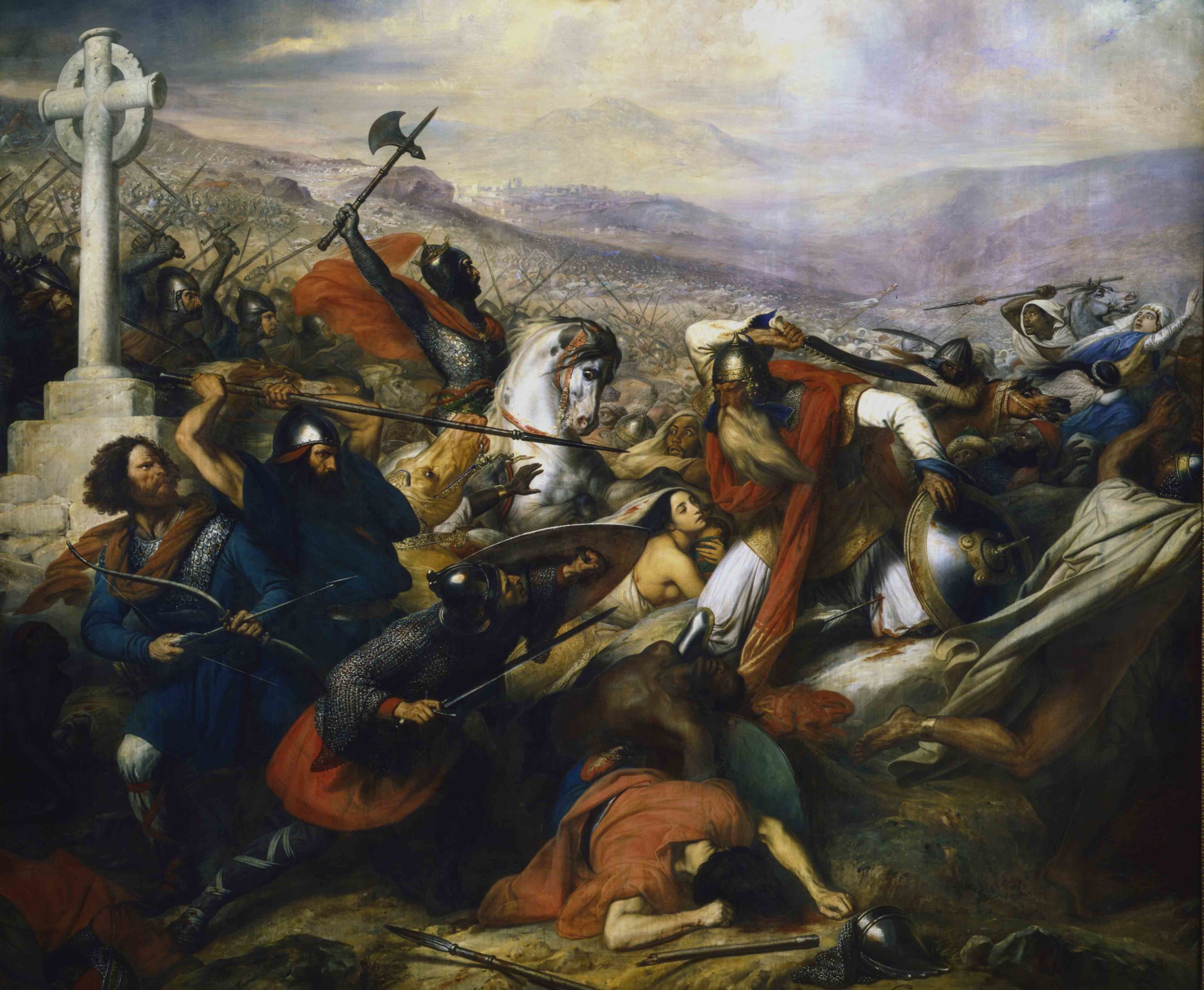 Le roi franc Charles Martel brandit une hache de guerre dans ce tableau de 1875 représentant la bataille de Poitiers en 732. Les historiens attribuent à Martel d'avoir arrêté l'avancée islamique en Europe occidentale depuis l'Espagne. (Images Getty)   