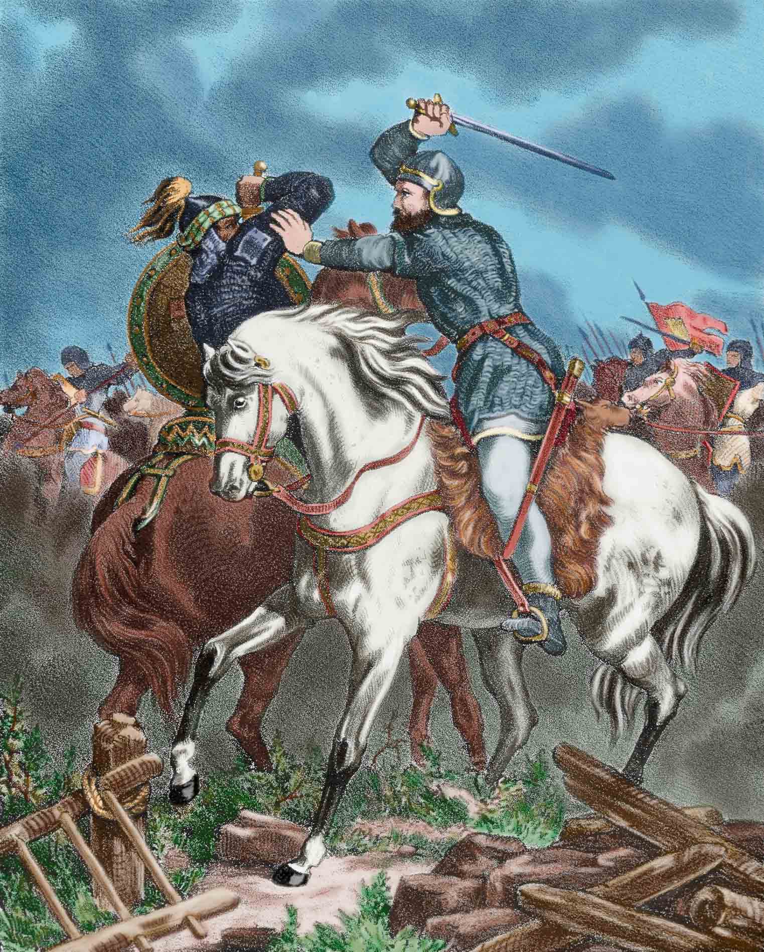 Une gravure du XIXe siècle de la bataille de Sagrajas (1086) entre l'armée almoravide dirigée par Yusuf ben Tashfin et l'armée chrétienne dirigée par le roi de Castille Alfonso VI. (Images Getty)   