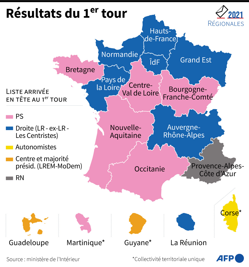 Carte des résultats du premier tour des élections régionales, selon les résultats du ministère de l'Intérieur