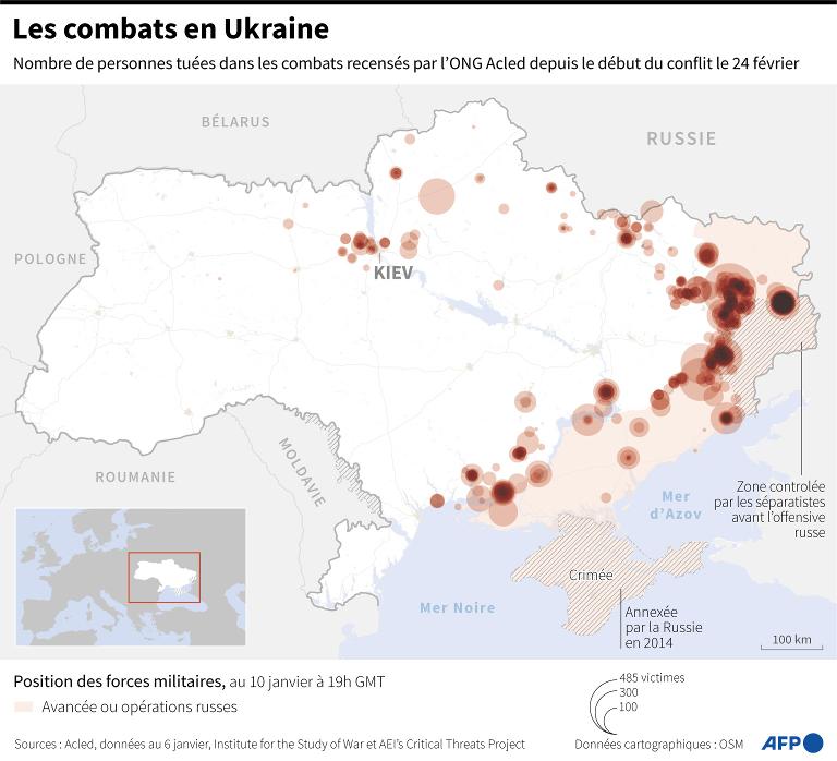 Carte d'Ukraine pointant les combats ayant fait des victimes depuis le début du conflit le 24 février, selon l'ONG Acled 