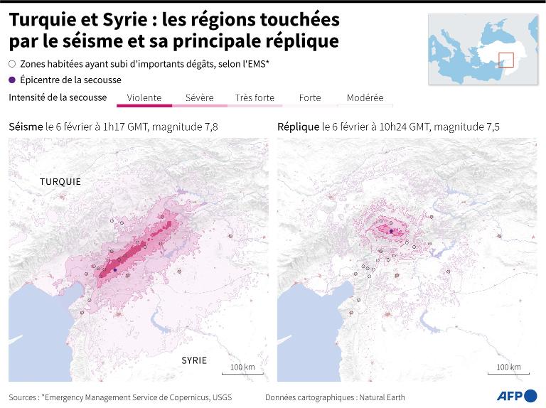 Carte de la région frontalière entre la Turquie et la Syrie, localisant les zones les plus touchées par le séisme de magnitude 7,8 et par sa réplique survenue le 6 février