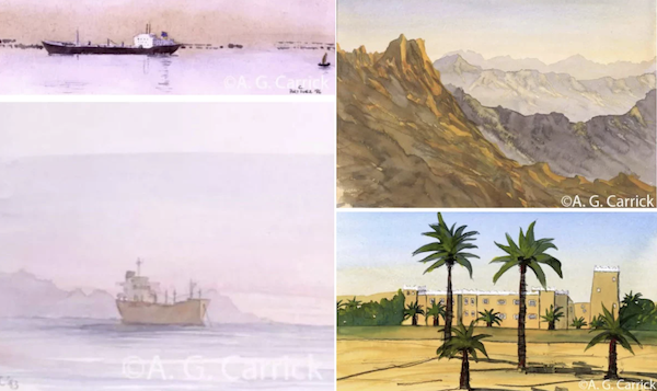 Dans cette image combinée tirée du site personnel du prince Charles, ses peintures du Moyen-Orient sont présentées dans le sens des aiguilles d'une montre, en partant du haut à gauche : Golfe d'Aqaba, Jordanie (1993) ; Port de Suez, 1986 ; vue sur Wadi Arkam, province d'Asir, 1999 ; et Ad Diriyah, Arabie Saoudite, 2001.