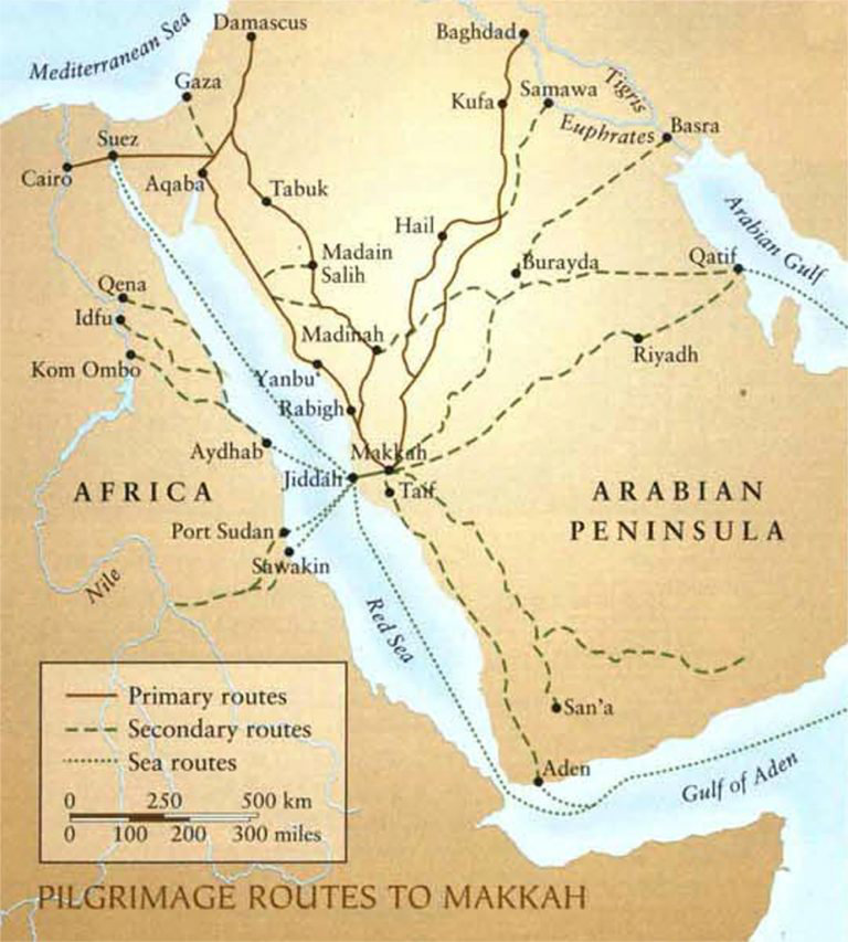 Carte montrant les routes terrestres et maritimes du Hajj au début du 20e siècle. (Avec l'aimable autorisation d'AramcoWorld)