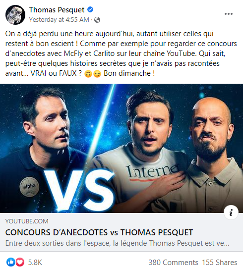 (Capture d’écran du compte Facebook: Thomas Pesquet) 