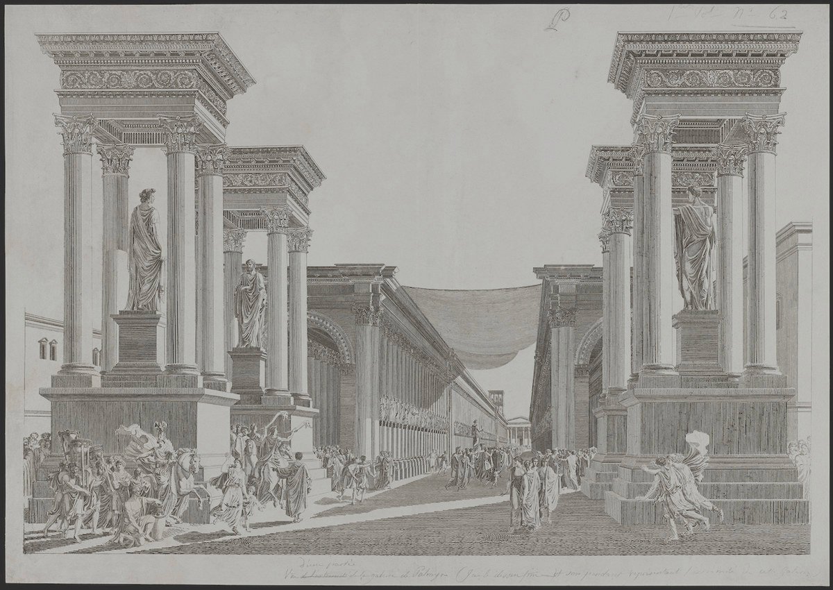 Vue imaginaire du Tetrapylon avec l’agora en arrière-plan, artiste anonyme d'après Louis-François Cassas, ca. 1799. Gravure sur plaque. 17,3 x 27,9 pouces (44 x 71 cm). (Getty Research Institute, 84001)