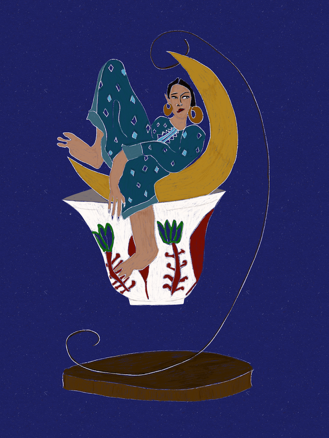 «Ramadan, le mois béni de la paix et de la bonne volonté» de l’artiste omanais Mays Almoosawi est une illustration esquissée numériquement d’une femme arabe allongée sur un croissant de lune. (Fourni)