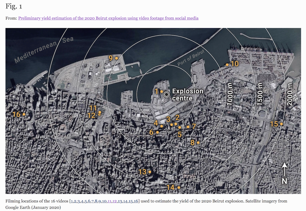 (Capture d'écran : Estimation préliminaire de l’étendue de l'explosion de Beyrouth de 2020 à l'aide de séquences vidéo provenant des médias sociaux - Département de Génie Civil et Structurel de l'Université de Sheffield.)
