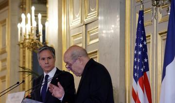 Le secrétaire d'État américain Antony Blinken (g) et le ministre français des Affaires étrangères Jean-Yves Le Drian lors de leur conférence de presse conjointe au ministère français des Affaires étrangères à Paris, le 25 juin 2021. Blinken effectue en voyage d'une semaine en Europe qui le conduit en Allemagne, en France et en Italie. (Andrew Harnik / Pool / AFP)