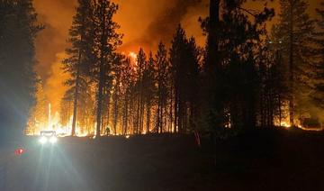 Opérations de nuit, le 14 juillet 2021, au Bootleg Fire, à 28 miles au nord-est de Klamath Falls, Oregon. Attisé par des conditions sèches et des vents forts, le Bootleg Fire a déjà dévoré plus de 212 758 acres (86 000 hectares), l'équivalent de 120 000 terrains de football, obligeant de nombreux habitants à évacuer la zone. (Document distribué / US Forest Service / AFP)