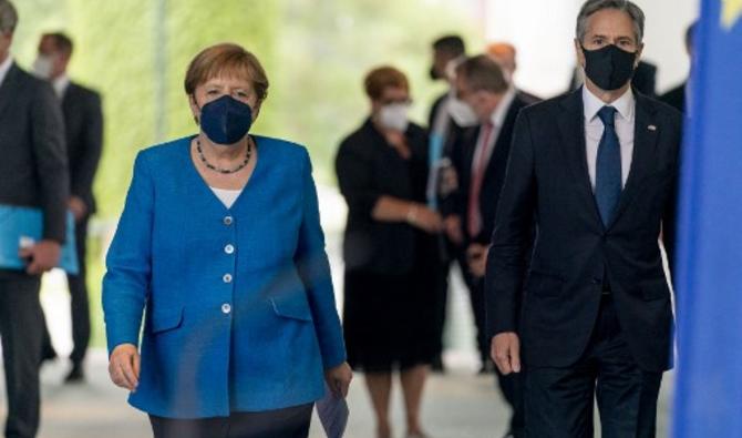 La chancelière allemande Angela Merkel et le secrétaire d'État américain Antony Blinken arrivent pour donner une conférence de presse conjointe à la Chancellerie de Berlin le 23 juin 2021 (Photo, AFP)