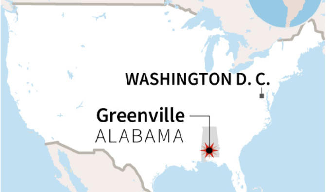 Carte de localisation de Greenville (Alabama) aux Etats-Unis (Graphique, AFP)