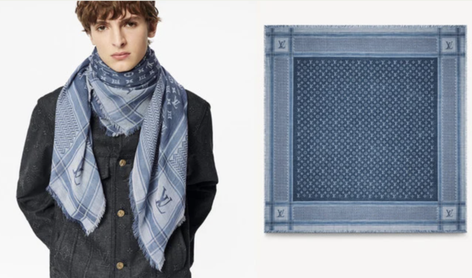 La marque propose une écharpe à carreaux bleus décoré du monogramme de Louis Vuitton et du motif palestinien caractéristique. (Louis Vuitton)