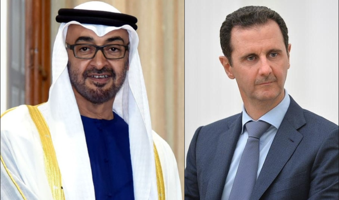 Le prince héritier d'Abu Dhabi, le Cheikh Mohammed ben Zayed (à gauche), a reçu un appel du président syrien, Bachar al-Assad. (Fichier/Wikipédia et Bureau de presse du Kremlin/Anadolu Agency/Getty Images) 