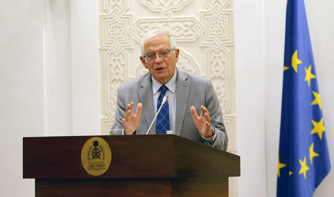 Le chef des Affaires étrangères de l'UE, Josep Borrell, s'exprime lors d'une conférence de presse au ministère des Affaires étrangères à Riyad (Photo AN/Meshaal Al-Qadeer) 