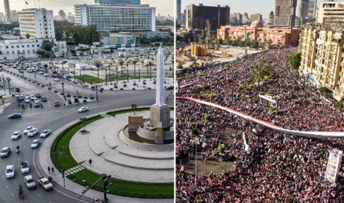 Cette combinaison d'images créée le 24 novembre 2020 montre une vue générale de la place Tahrir du Caire le 18 février 2011 alors qu'elle est remplie de manifestants célébrant l'éviction de l'ancien président Hosni Moubarak; et la même vue presque dix ans plus tard le 11 novembre 2020. (Photo, AFP)