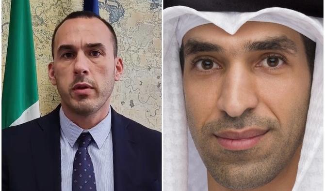 Le sous-secrétaire italien aux Affaires étrangères, Manlio Di Stefano (G), et le ministre d’État pour le Commerce extérieur, Thani ben Ahmed al-Zeyoudi (D). (Photo AN/FEM) 