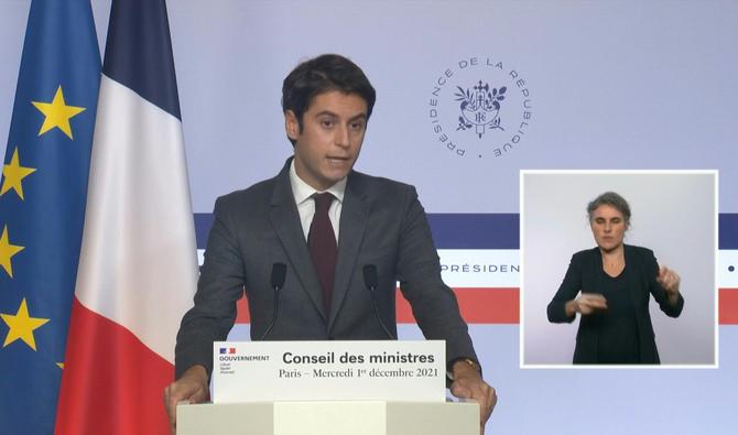 Gabriel Attal, porte-parole du gouvernement, au pupitre pour le compte-rendu du conseil des ministres. (Photo, AFP)