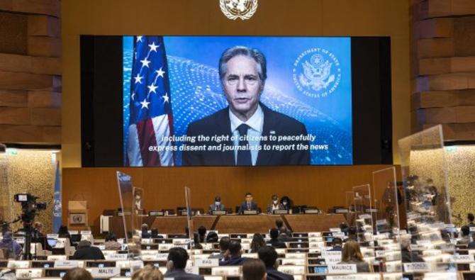 Le chef de la diplomatie américaine Antony Blinken dans une allocution vidéo devant le Conseil des droits de l'homme des Nations unies. (Photo, AFP)