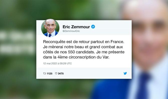 L'ancien candidat d'extrême droite à la présidentielle Eric Zemmour (Reconquête!) annonce dans un tweet se présenter aux législatives dans la 4e circonscription du Var, celle de Saint-Tropez. (Photo, AFP)
