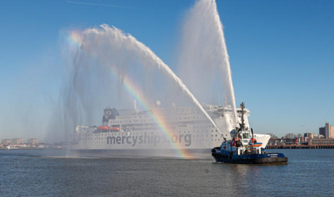Le Global Mercy , le nouveau navire construit par Mercy Ships pour être un hôpital flottant, dans le port de Rotterdam, le 27 février 2022. (Photo, AFP)