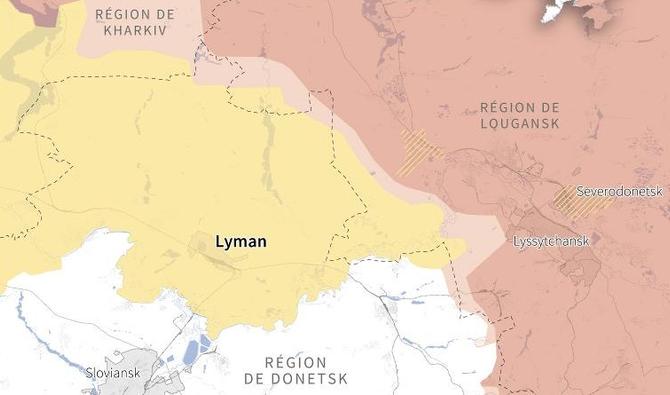 Carte localisant la ville de Lyman dans le nord-est de l'Ukraine et les positions des forces russes et ukrainiennes. (Graphique, AFP)