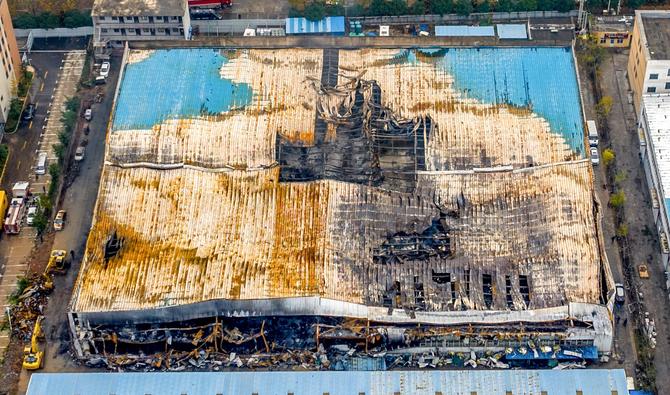 Cette photo aérienne prise le 22 novembre 2022 montre le site d'un incendie qui a tué trente-huit personnes et en a blessé deux autres dans une usine à Anyang, dans la province centrale du Henan en Chine. (Photo, AFP)
