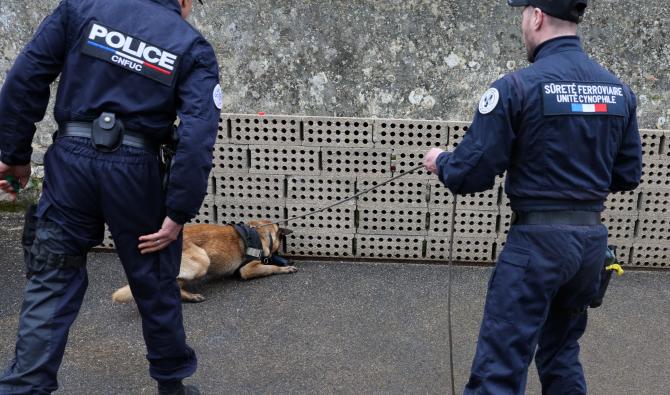 Des policiers de l'Unité canine nationale dressent un chien au Centre national de formation des unités cynotechniques à Cannes-Ecluse, au sud de Paris, le 12 mars 2024.